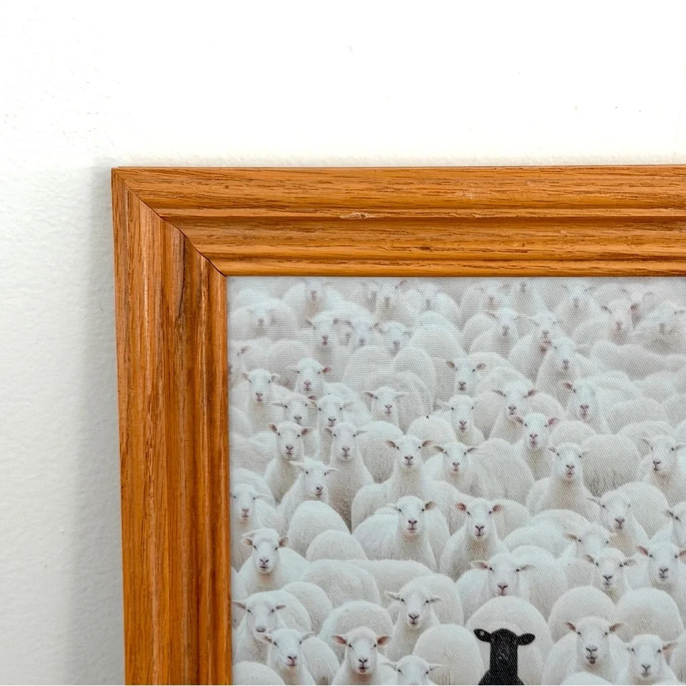 Black Sheep in a Crowd of White Lambs Canvas Art Print Vintage Wood Framed Art